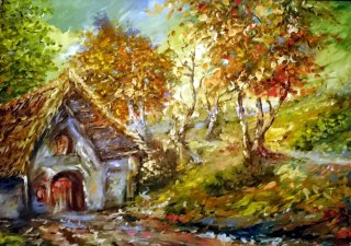 a painting of a house in the woods 
DSC_0162.jpg Autumn at the weekend house